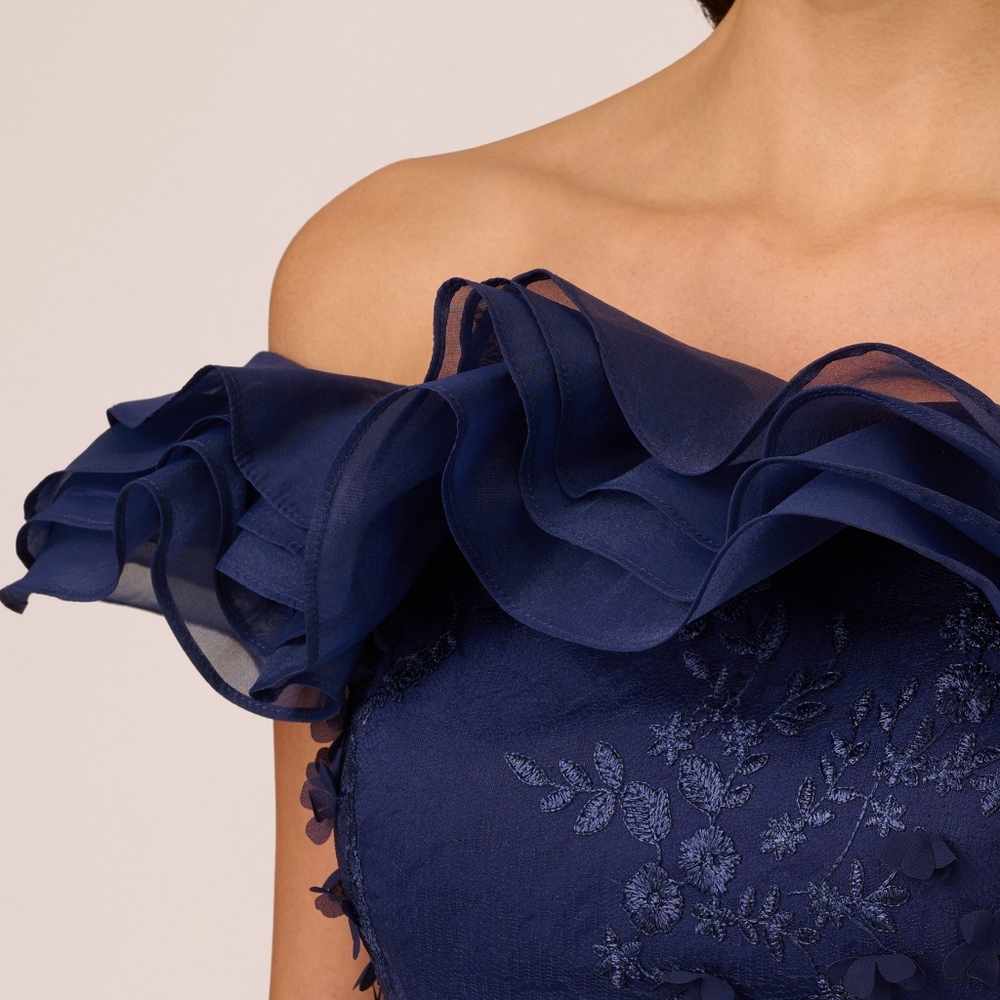NWT Adrianna Papell Navy Blue Floral Ruffle Off The Shoulder Gown 4 - Picture 4 of 7